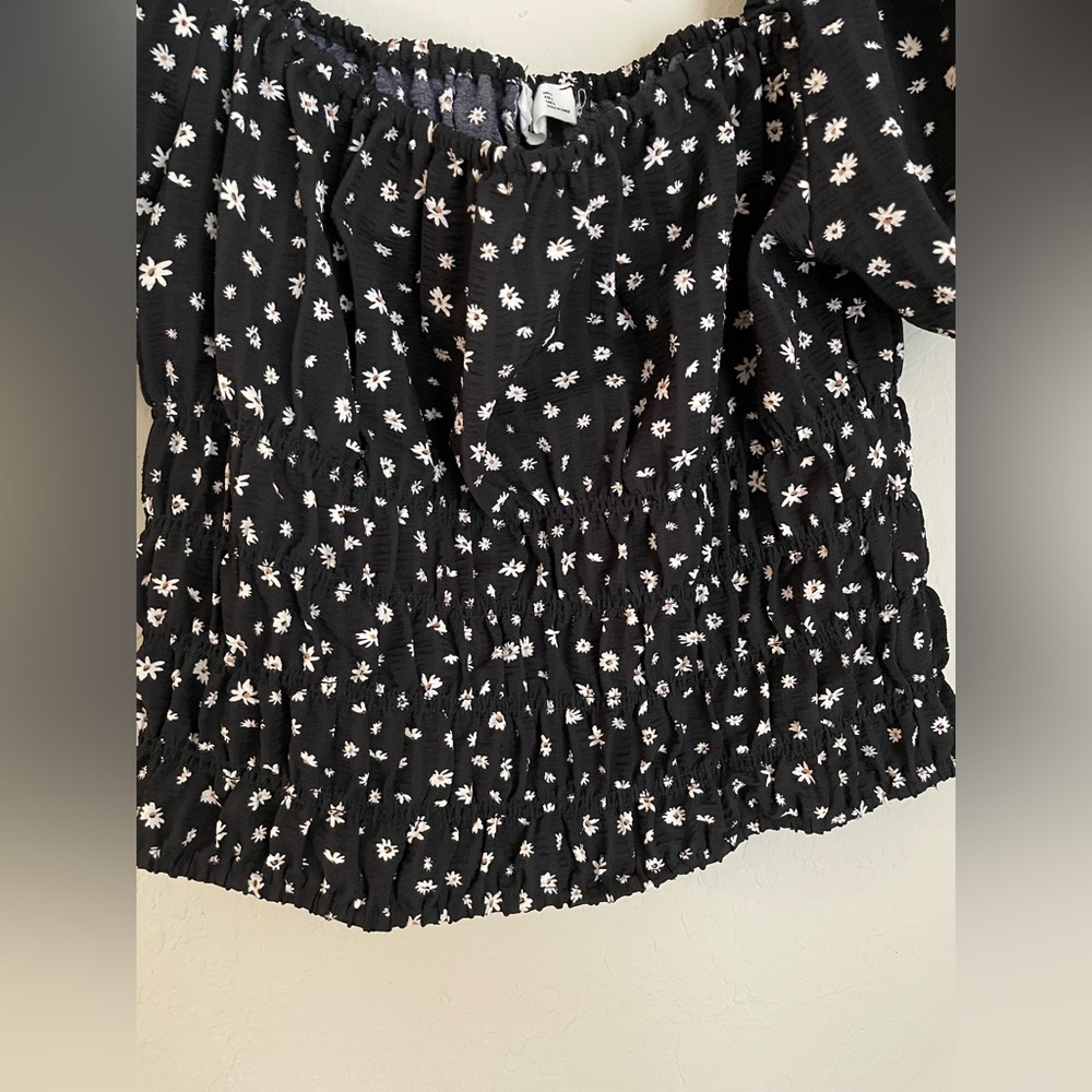 Elodie Off Shoulder Smocked Stretch Black Floral Blouse - Picture 6 of 9